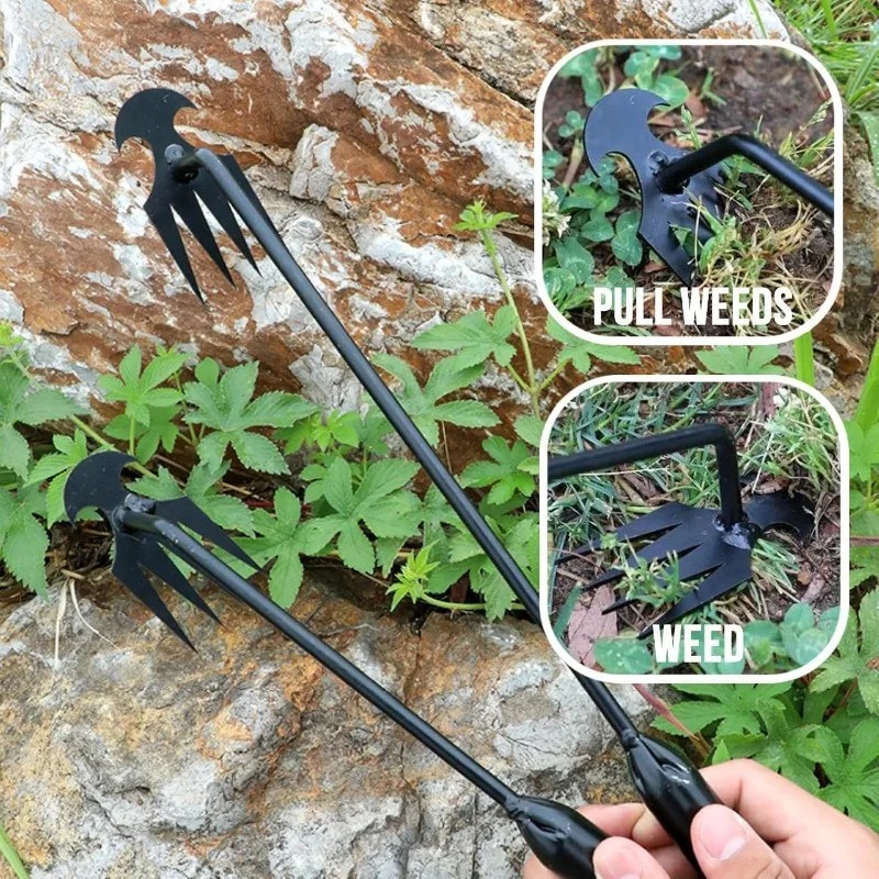 Gardening Tools Hoe - 2in1ガーデンレーキ手動種子草根除去ツールプーラーシャベル4歯除草手動園芸用土壌ほぐしツール除草機