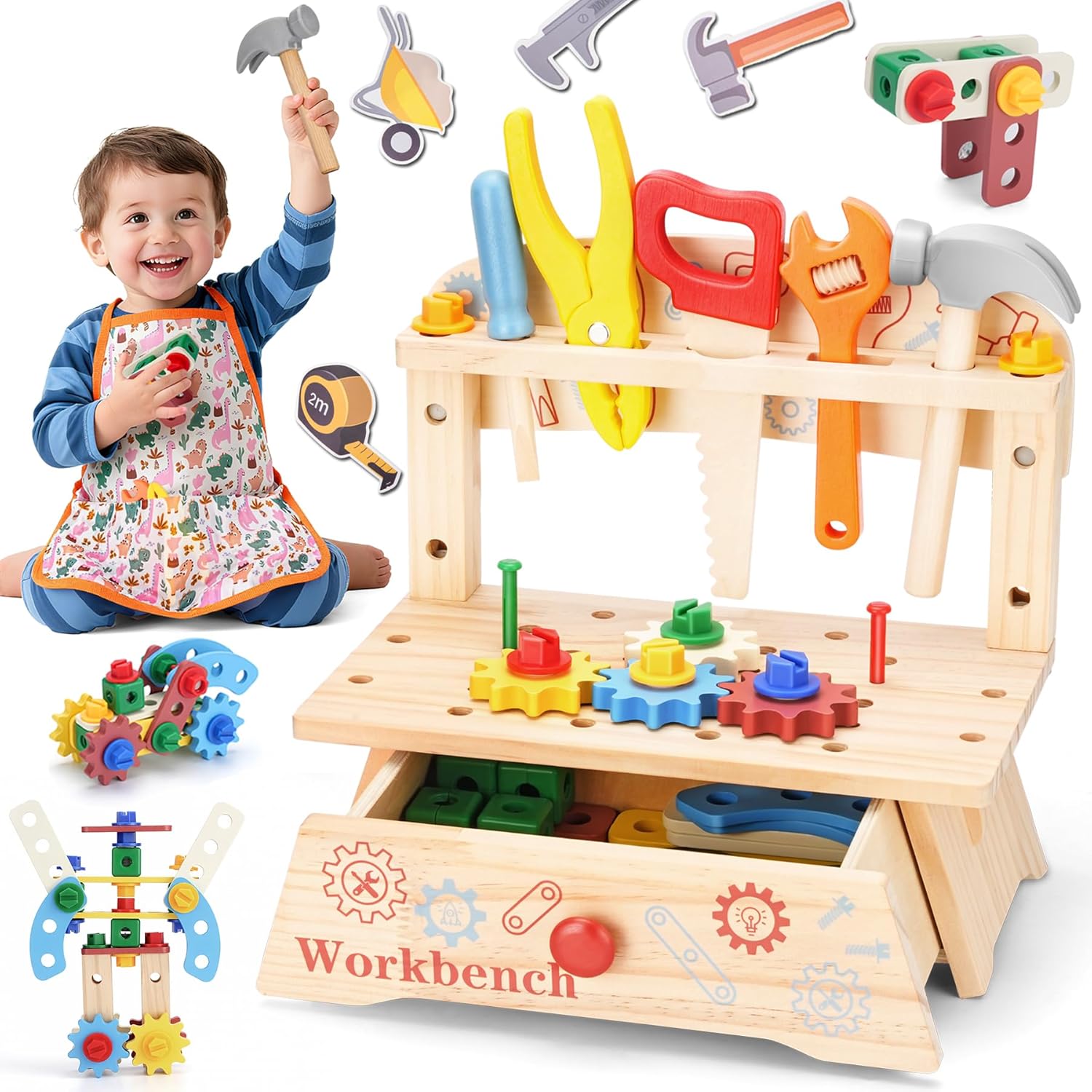 Gardening Tools For Toddlers - 子供用木製ツールベンチ、モンテッソーリ教育ごっこ遊び建設玩具、男の子と女の子のためのアクティビティギフト建設玩具